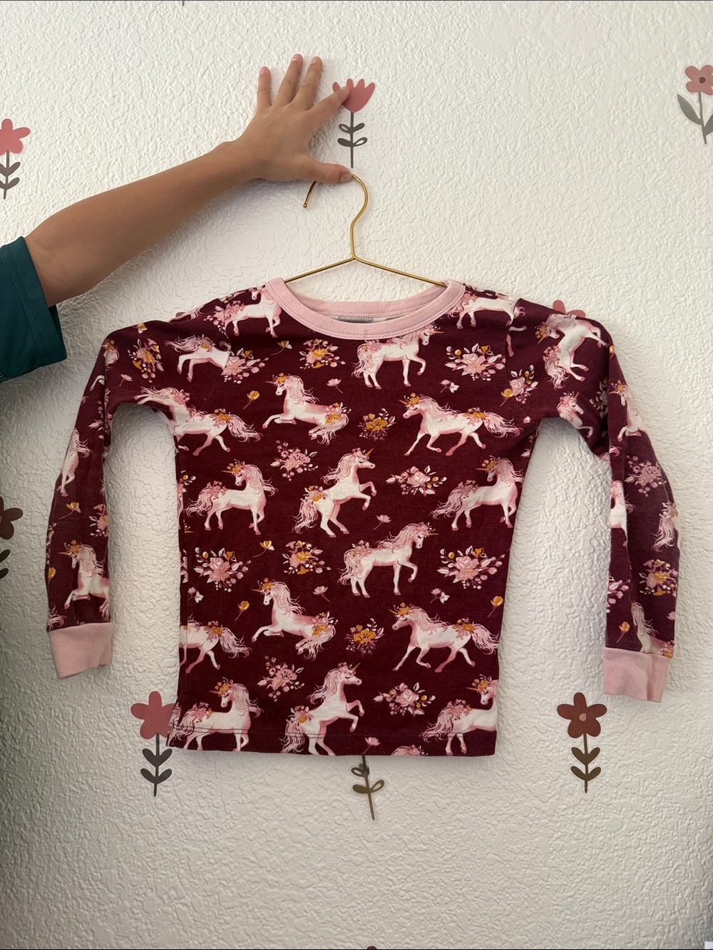 Girls' Maroon Unicorn Long-Sleeve Top with Pink Trim